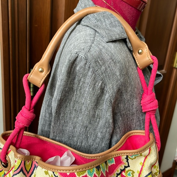 Spartina  Linen natural  shoulder bag   heavy duty  leather trim  hot pink/cream - Picture 4 of 17